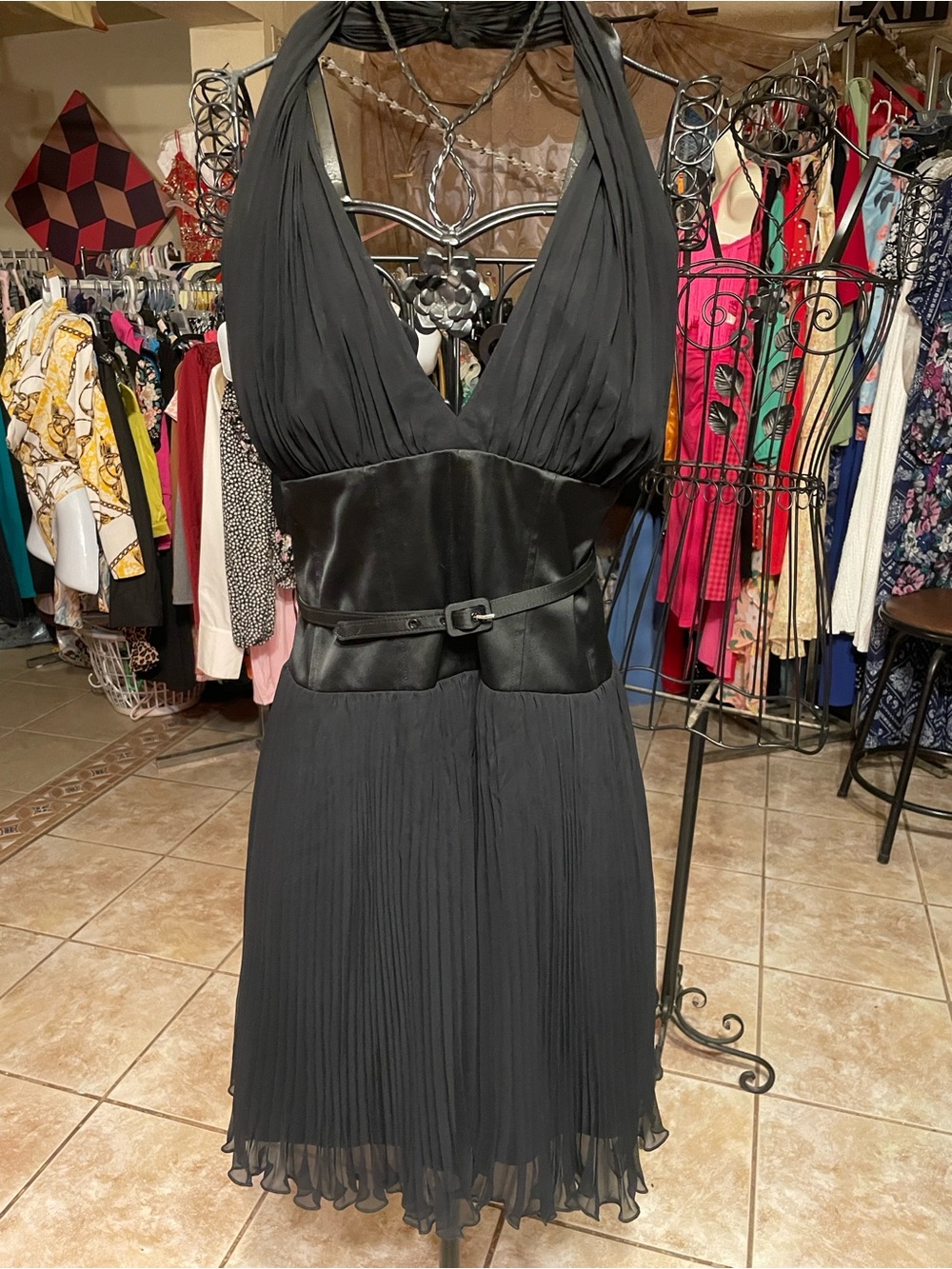 Chiffon Black Halter Backless Dress with Satin Waistband